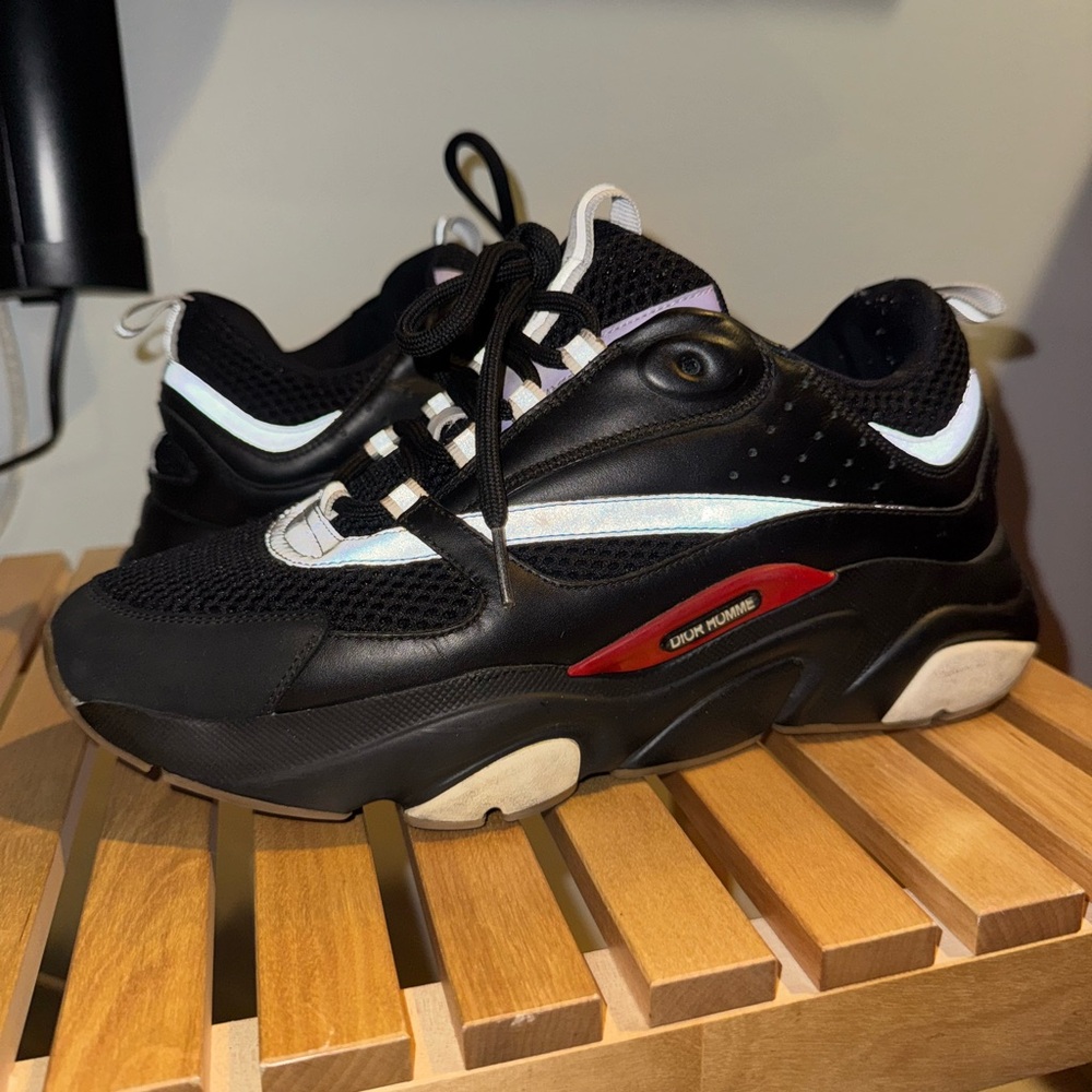 Technical Mesh Calfskin Mens B22 Sneakers 40 Black Red